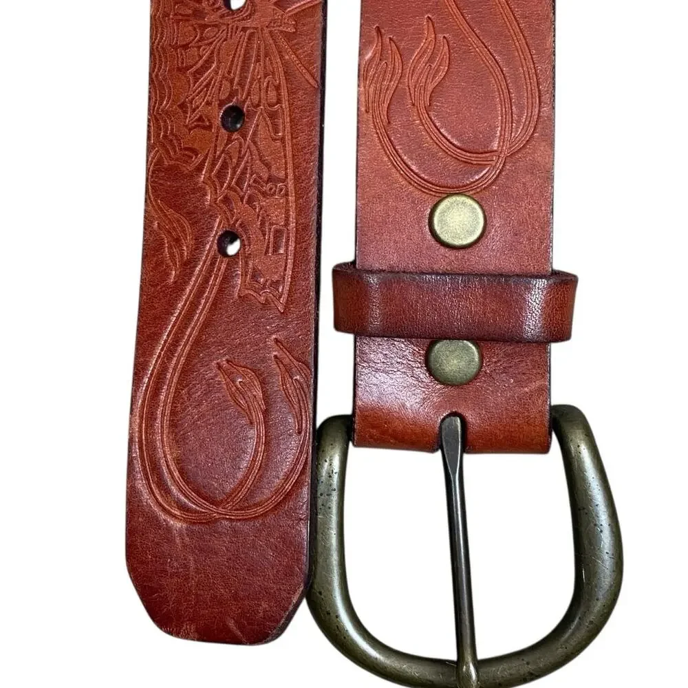 Vintage Fossil Boho Brown Leather Belt Size M Embossed Butterflies 29